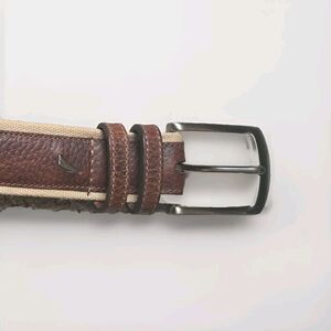 Nautica Men's Dress Belt size 40 Brown Beige Leather Canvas 90s Logo Classic